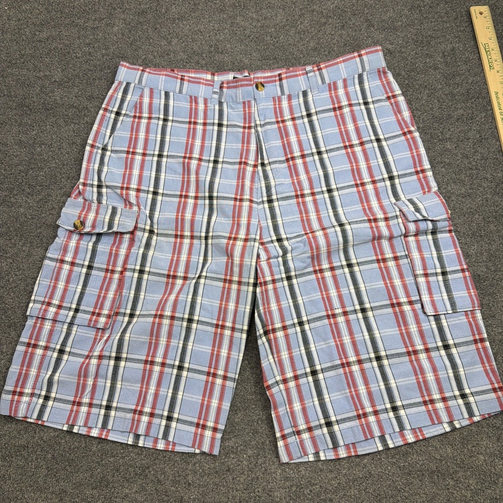 Grandeur Mens Linen Cargo Shorts 42 Plaid Red Blue White Checkered Pockets